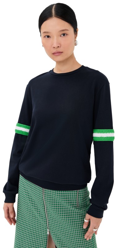 Tibi Sport Knit Crewneck T with Crochet Trim Navy