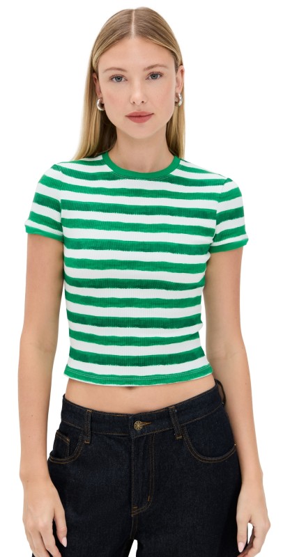 alice + olivia Tess Crew Neck Tee Painted Stripe Lt Emerald