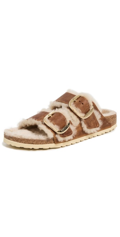 Birkenstock Arizona Big Buckle Shearling Sandals Cognac