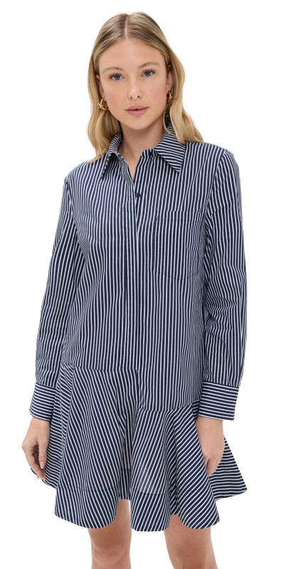 English Factory Stripe Collar Flared Skirt Dress Navy
