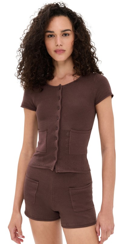 Peachy Den Marie Knit Polo Top Chocolate