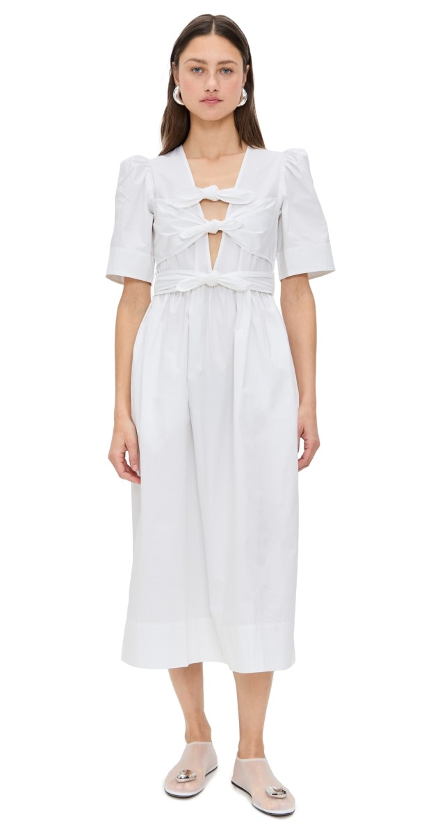 GANNI Washed Stretch Cotton Tie Strap Midi Dress Bright White