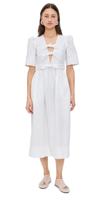 GANNI Washed Stretch Cotton Tie Strap Midi Dress Bright White