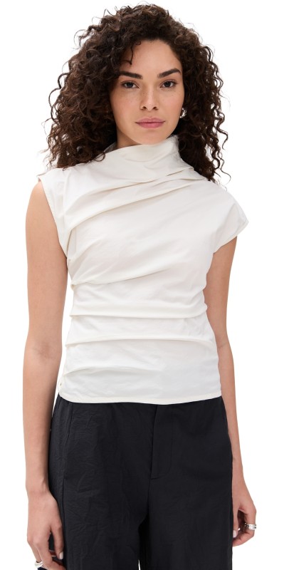 GANNI Stretch Cotton Ruched Top Egret