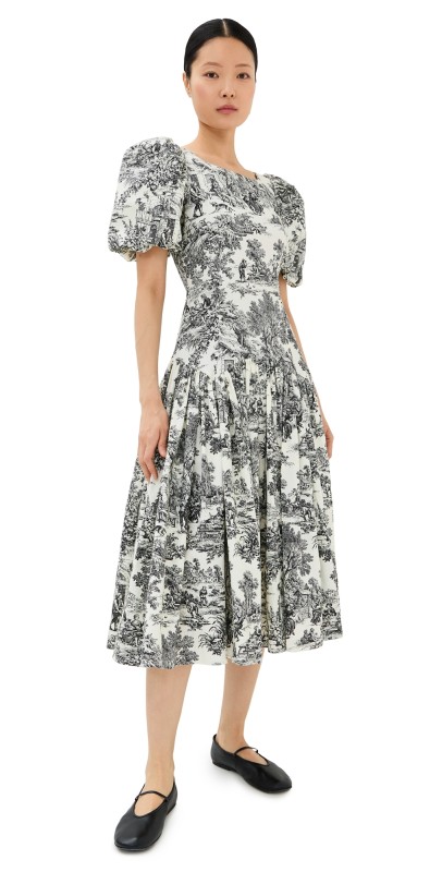Tanner Fletcher Connie Drop Waist Toile Midi Dress Black Toile