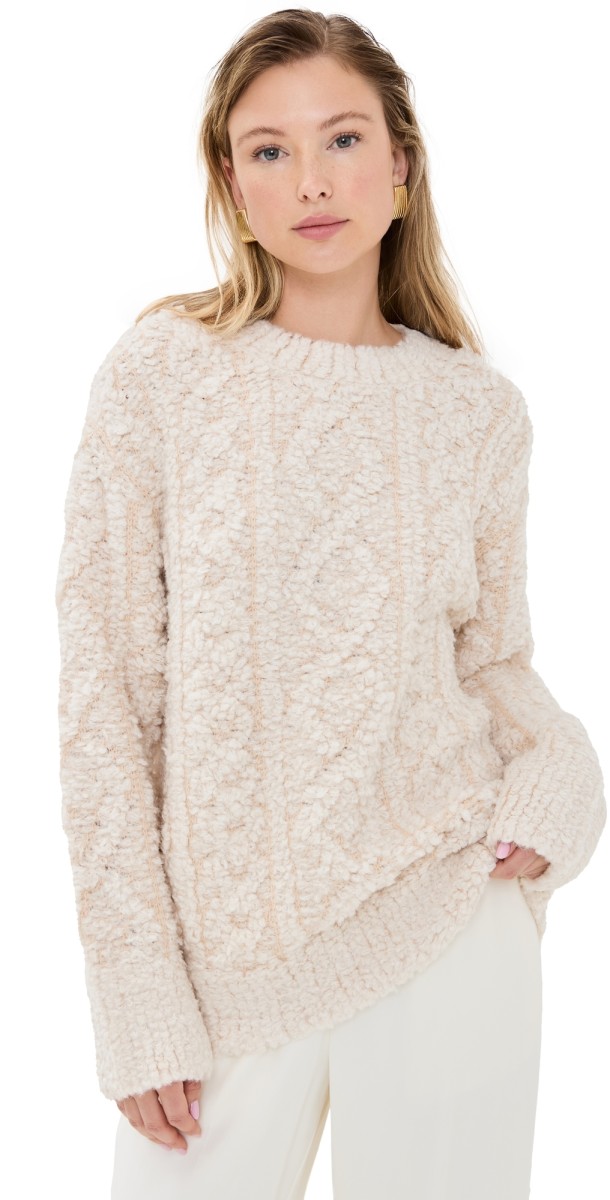 Vince Textured Loop Stitch Cable Crew Neck Sweater Off White