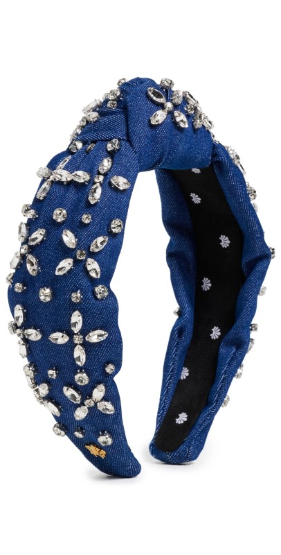 Lele Sadoughi Knotted Crystal Crosshatch Denim Headband Indigo Denim