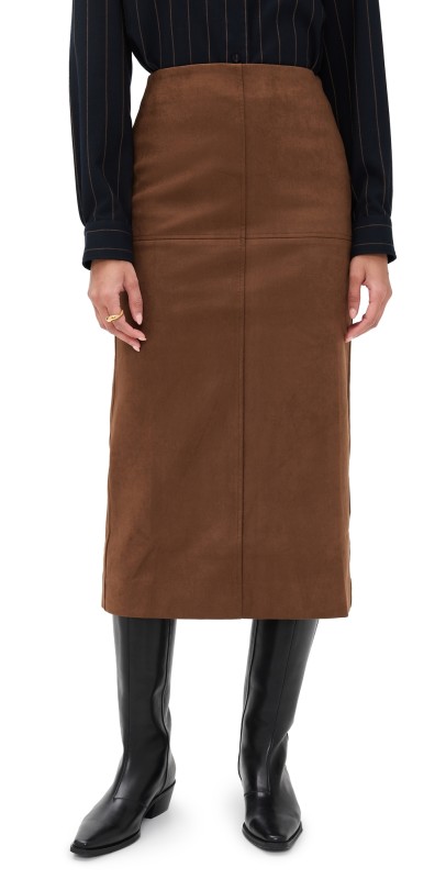 English Factory Faux Suede Midi Skirt Brown