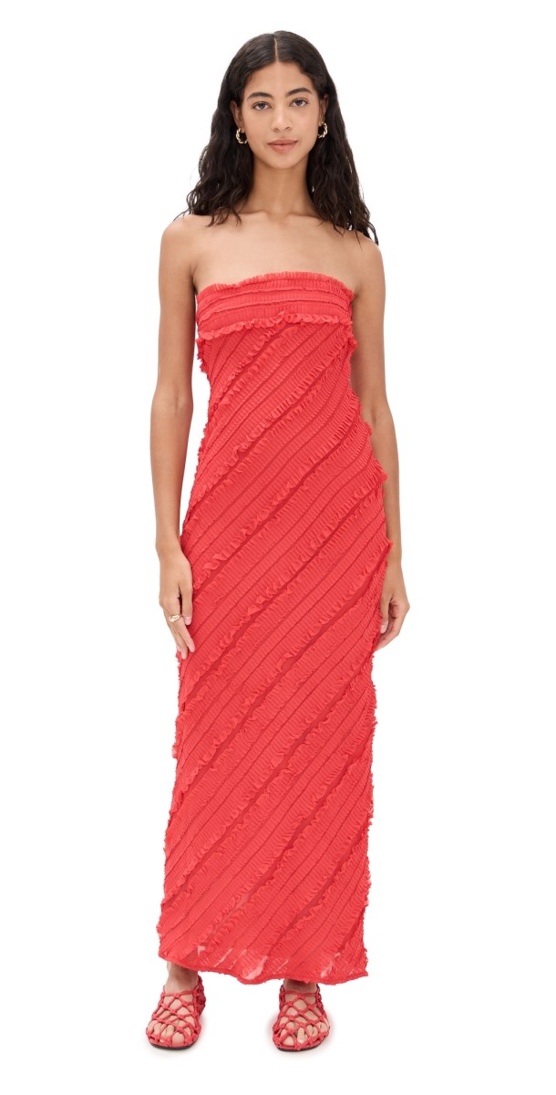endless rose Strapless Ruffled Maxi Dress Red