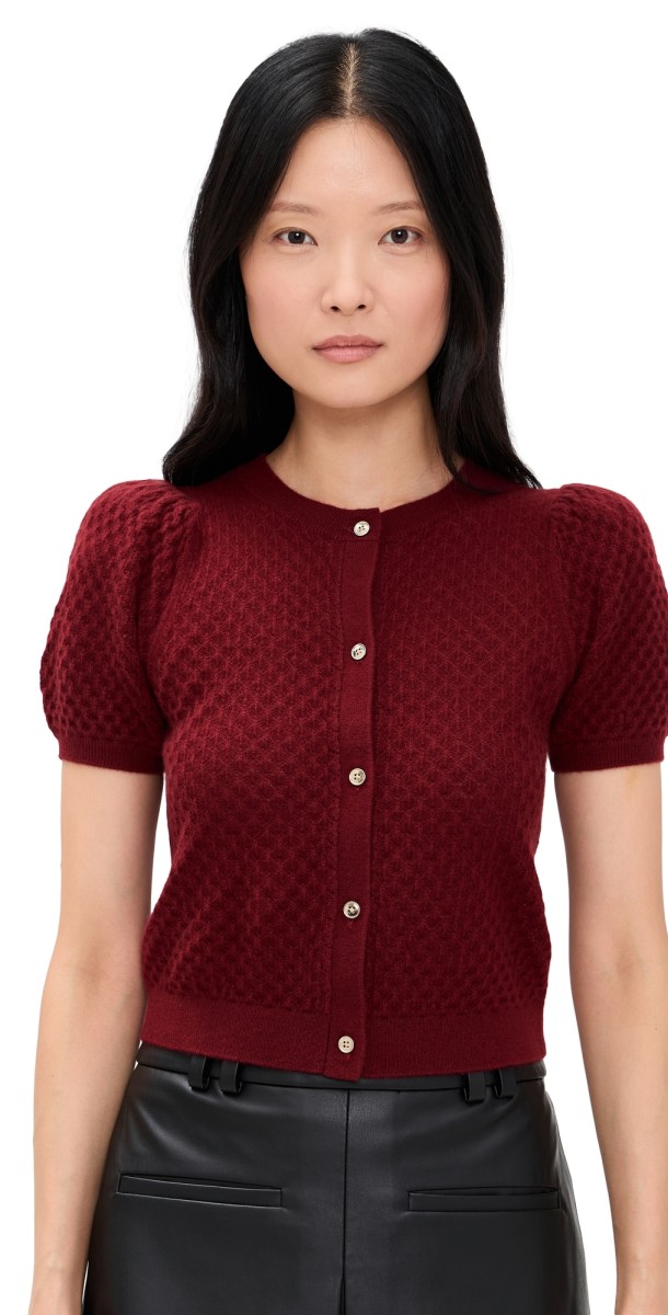 alice + olivia Sabine Puff Sleeve Crop Cardigan Oxblood