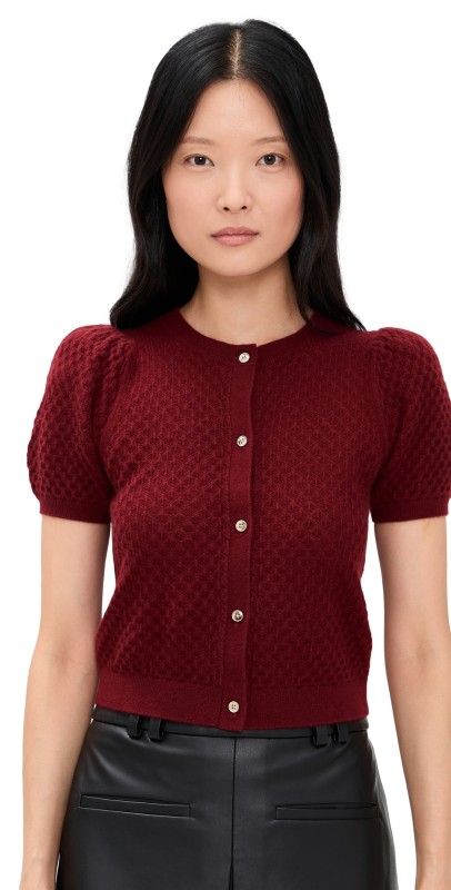 alice + olivia Sabine Puff Sleeve Crop Cardigan Oxblood