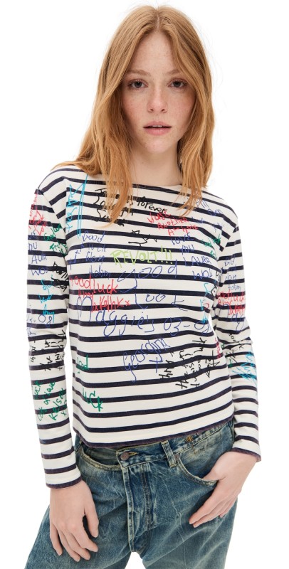 R13 End of The Year Long Sleeve Tee Navy/Ecru Wide Stripe