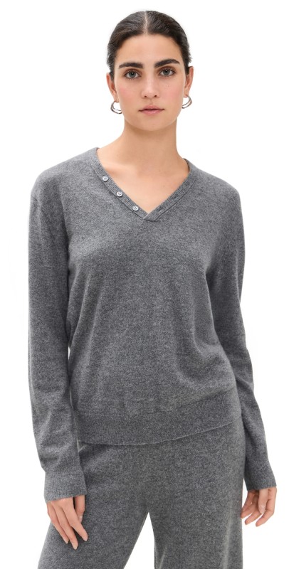 Theory Button Neck Cashmere Sweater Light Charcoal