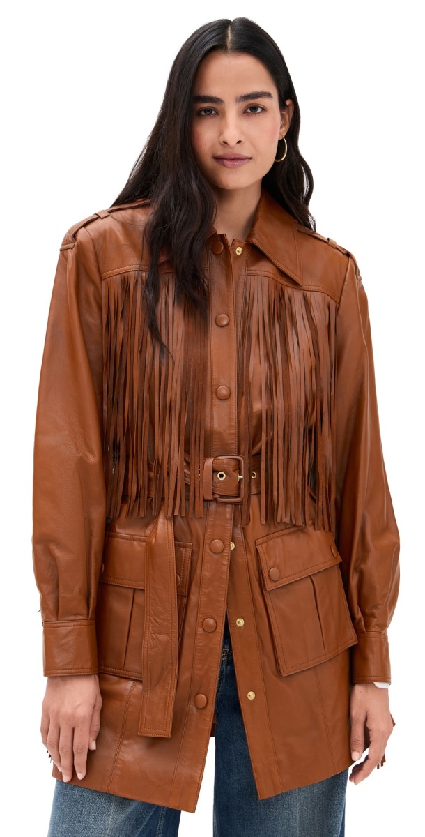 FARM Rio Brown Fringe Leather Coat Brown
