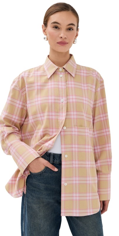 Róhe Check Flannel Overshirt Pink Beige Check