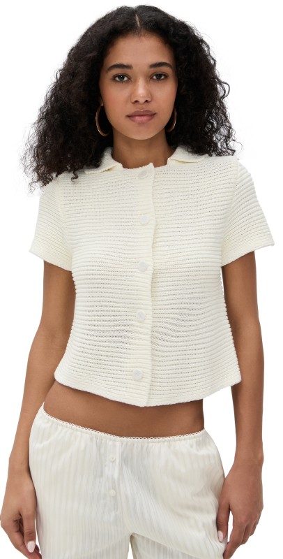 Lioness Ribbed Knit Button Tee Cream