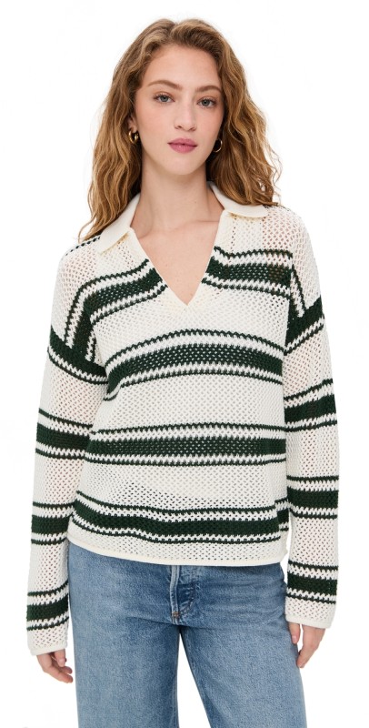 Madewell Open-Stitch Johnny Collar Sweater Summit Green Stripe