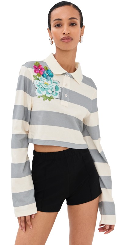 AREA Embroidered Flower Rugby Stripe Long Sleeve Cropped Polo Cream/Grey