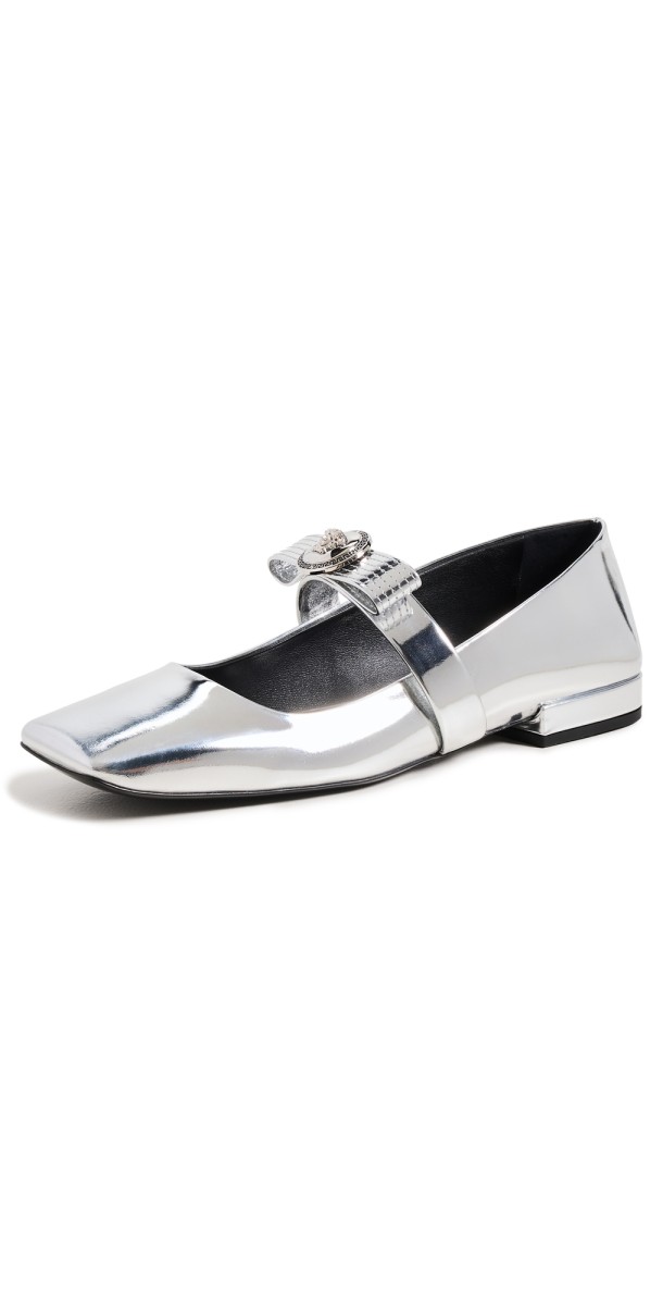 Versace Gianni Ribbon Metallic Balleriana Flats 1E01P-Silver/Palladium