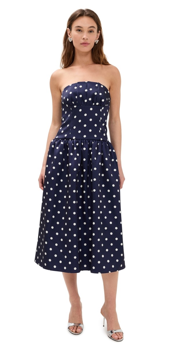 Self Portrait Navy Polka Dot Satin Midi Dress Navy
