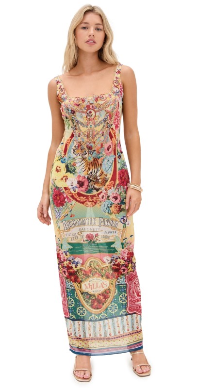 Camilla Square Neck Long Dress Aromatic Tiger Flower