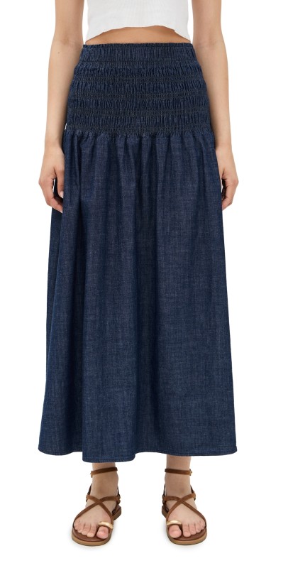 Madewell Smocked Indigo Midi Skirt Rinse Wash