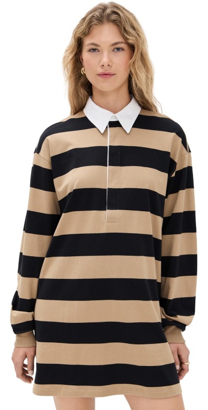 Good American Jersey Polo Mini Dress Khaki/Black Rugby Stripe