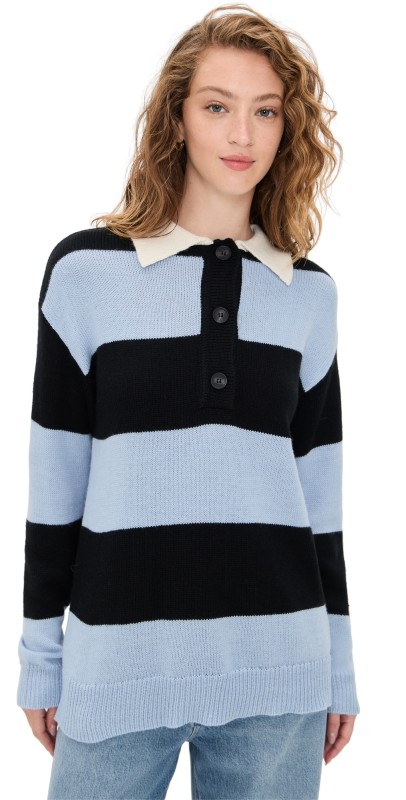 Moon River Striped Collar Pullover Sweater Light Blue Multi