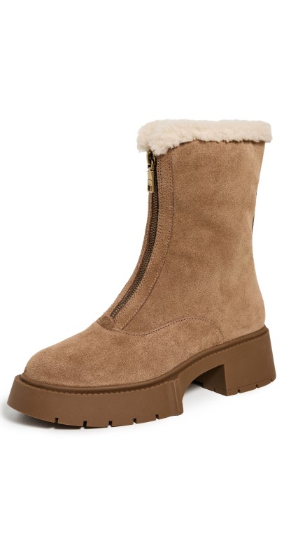 Coach Leah Platform Suede Shearling Zip Booties Coconut/Natural
