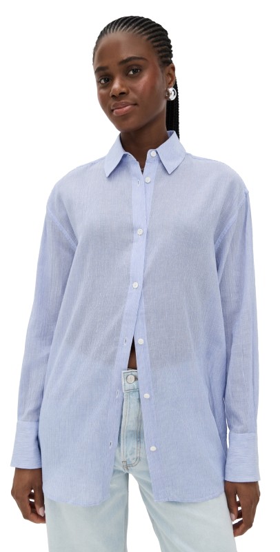 ANINE BING Blue and White Mini Stripe Plaza Shirt Multi