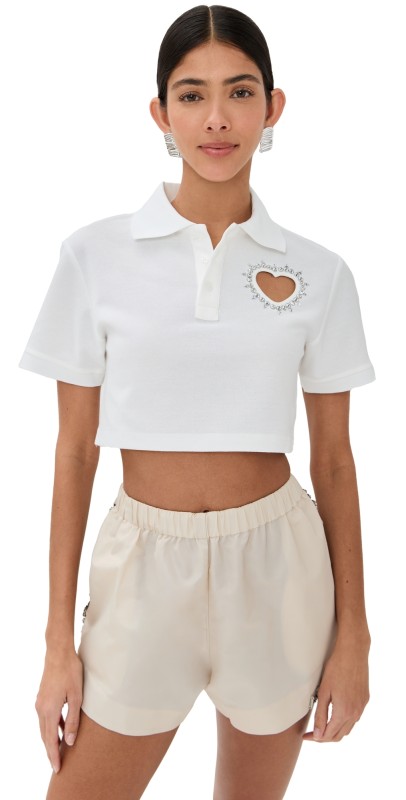 AREA Crystal Heart Cutout Cropped Polo White