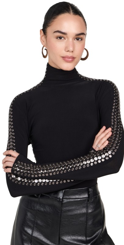 Norma Kamali Gunmetal Stud Slim Fit Long Sleeve Turtleneck Top Black
