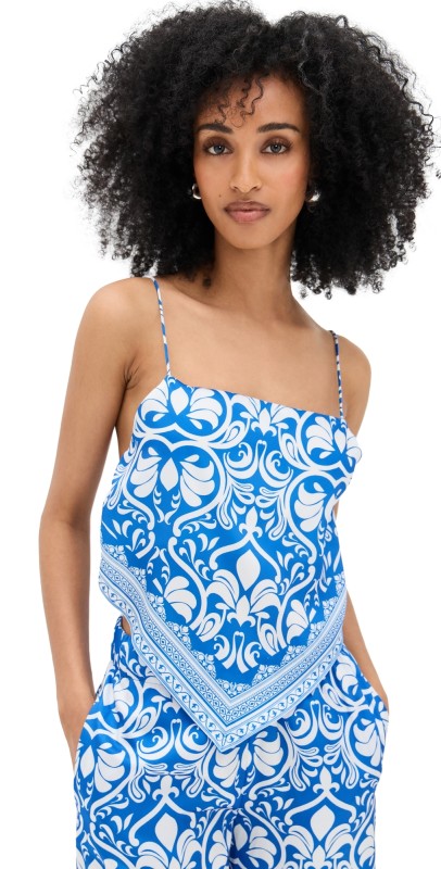 alice + olivia Yuri Spaghetti Strap Scarf Top Soiree True Blue