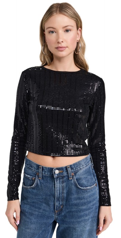 alice + olivia Delaina Long Sleeve Crew Neck Cropped Top Black