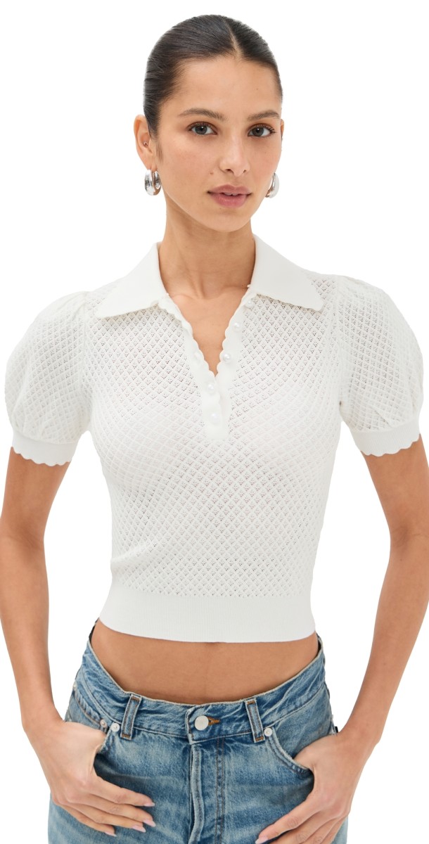 alice + olivia Ramona Pointelle Polo Soft White