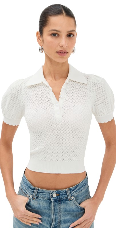 alice + olivia Ramona Pointelle Polo Soft White