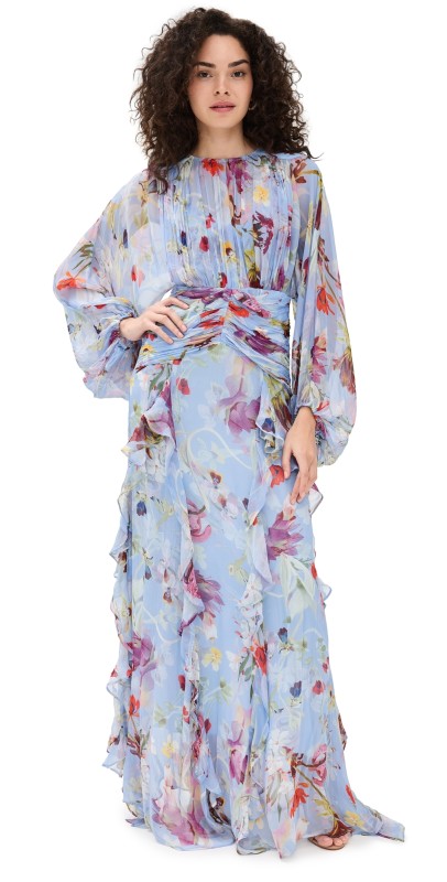 PatBO Lily Flower Long Sleeve Long Dress Blue