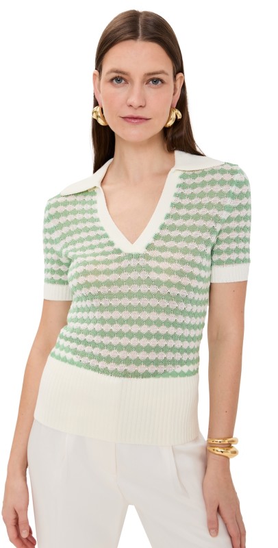 Zimmermann Everley Scallop Knit Polo Tee Green/Cream