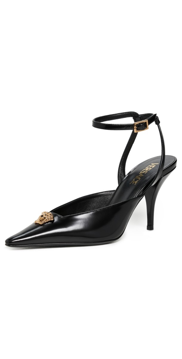 Versace T.85 Calf Leather Sling Back Pumps 1B00V-Black-Versace Gold