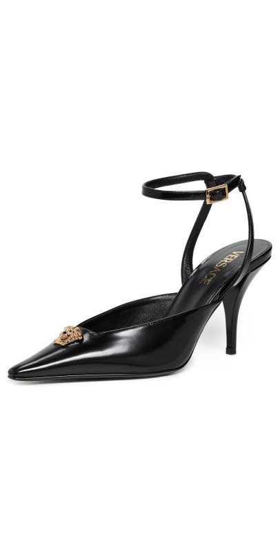 Versace T.85 Calf Leather Sling Back Pumps 1B00V-Black-Versace Gold