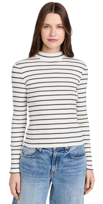 perfectwhitetee Rib Stripe Mock Neck Long Sleeve Sugar/Black Stripe