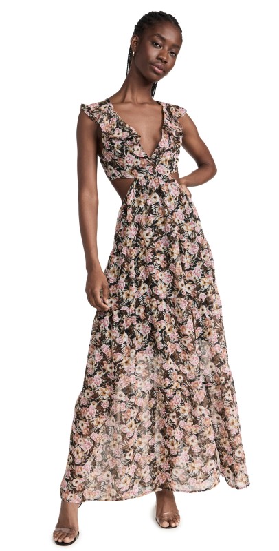 ASTR the Label Maxi Floral Cutout Dress Black Multi Floral