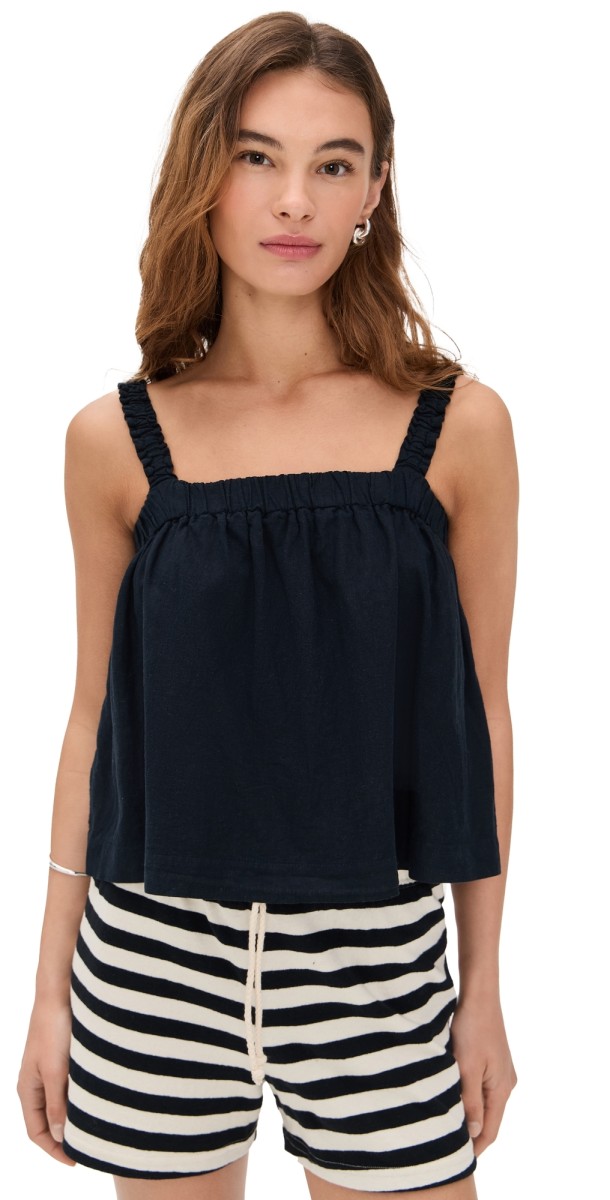 Stateside Linen Ruched Shoulder Tank New Navy