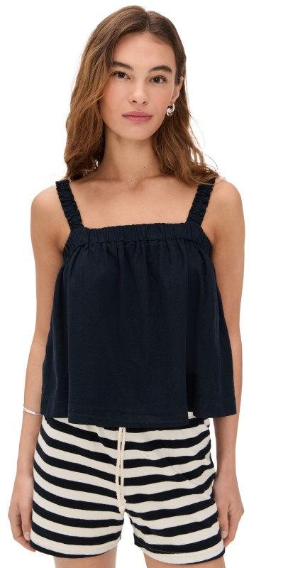 Stateside Linen Ruched Shoulder Tank New Navy