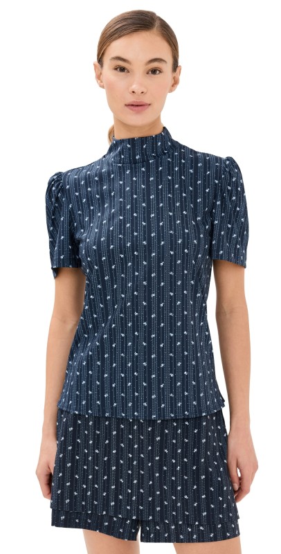 Byrdie Golf Social Wear Marina Mock Neck Top Navy/White Floral