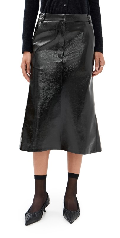 Tibi Faux Patent Leather Sculpted Silke Skirt Black