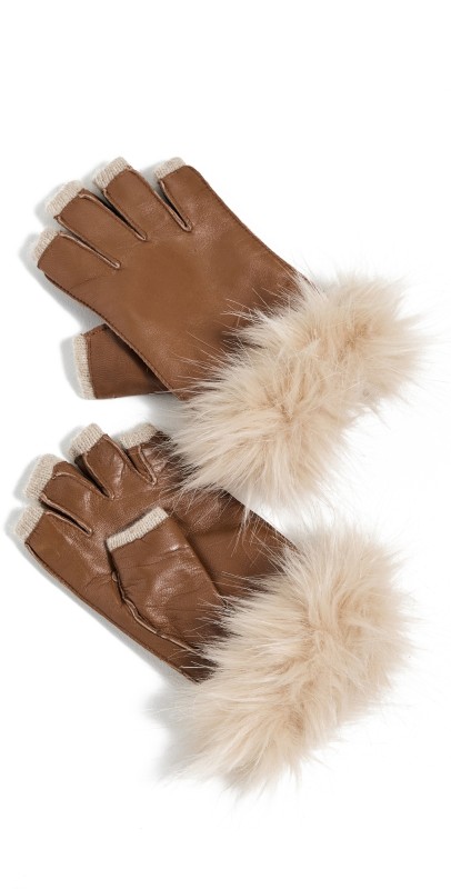 Carolina Amato Faux Fur Cuff Fingerless Gloves Luggage/Natural