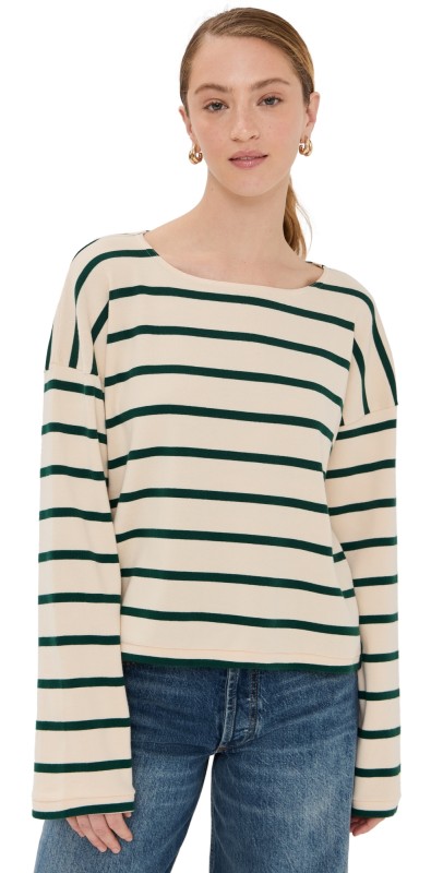La Ligne Long Sleeve Breton Tee Ecru/Forest Green
