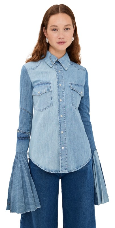 A. W.A. K.E. MODE Recycled Denim Shirt With Pleated Bell Sleeves Blue
