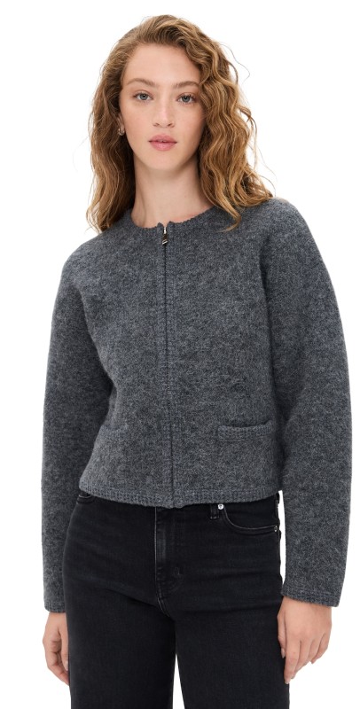 FRAME Lofty Crochet Cardigan Dark Heather Grey